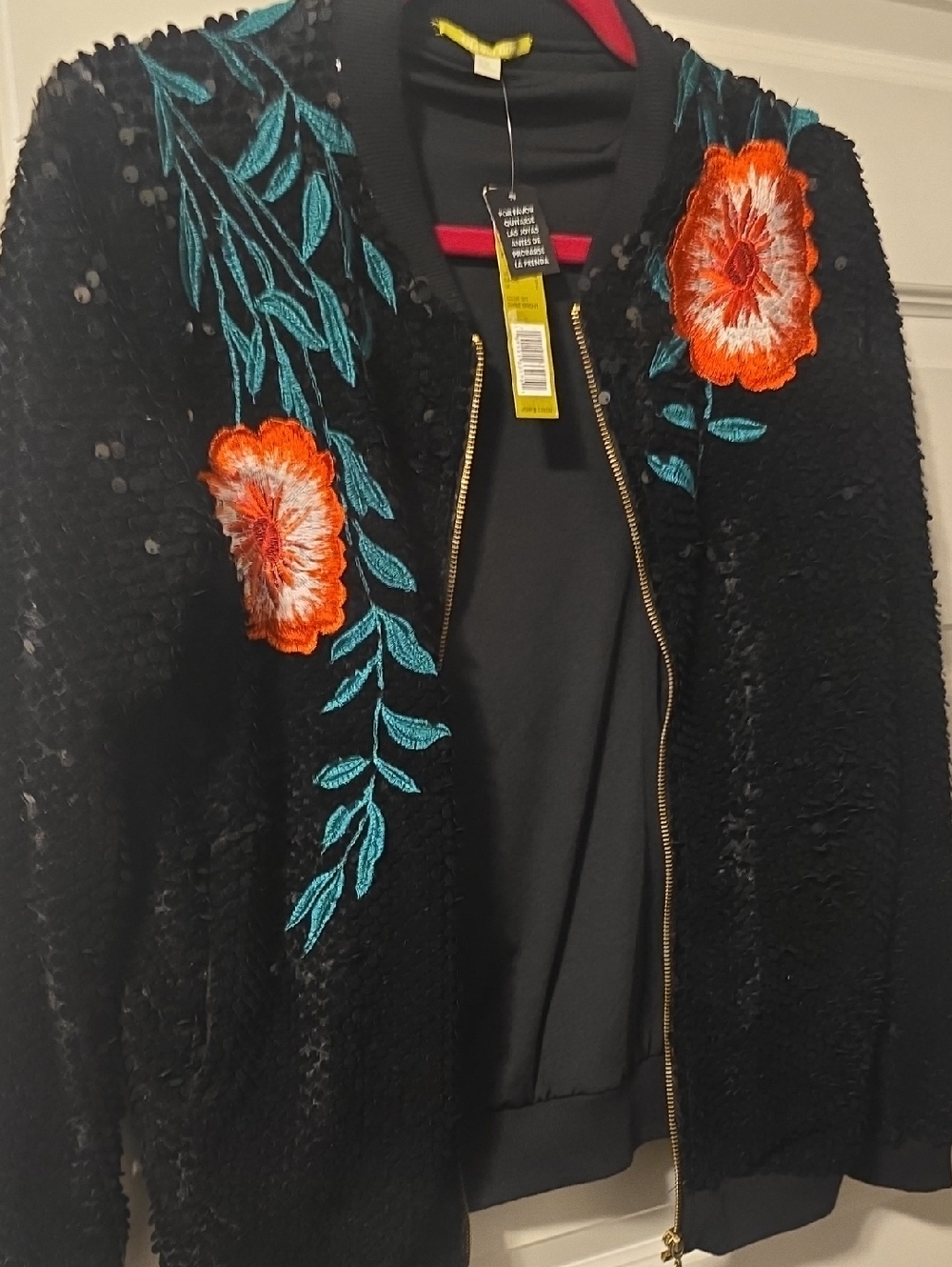 Pleaser Black Bomber Jacket with Orange Floral & Teal Embroidery SMALL NWT